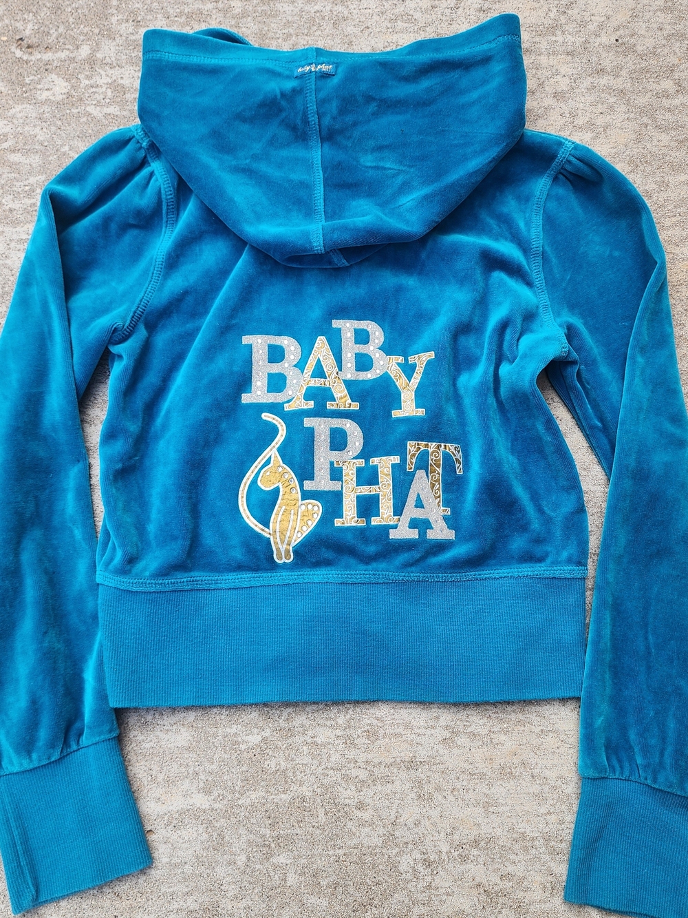 Y2K Baby Phat Teal Aqua Blue Velour Zip Up Hoodie, Gold Logo W/ Rhinestones, XL